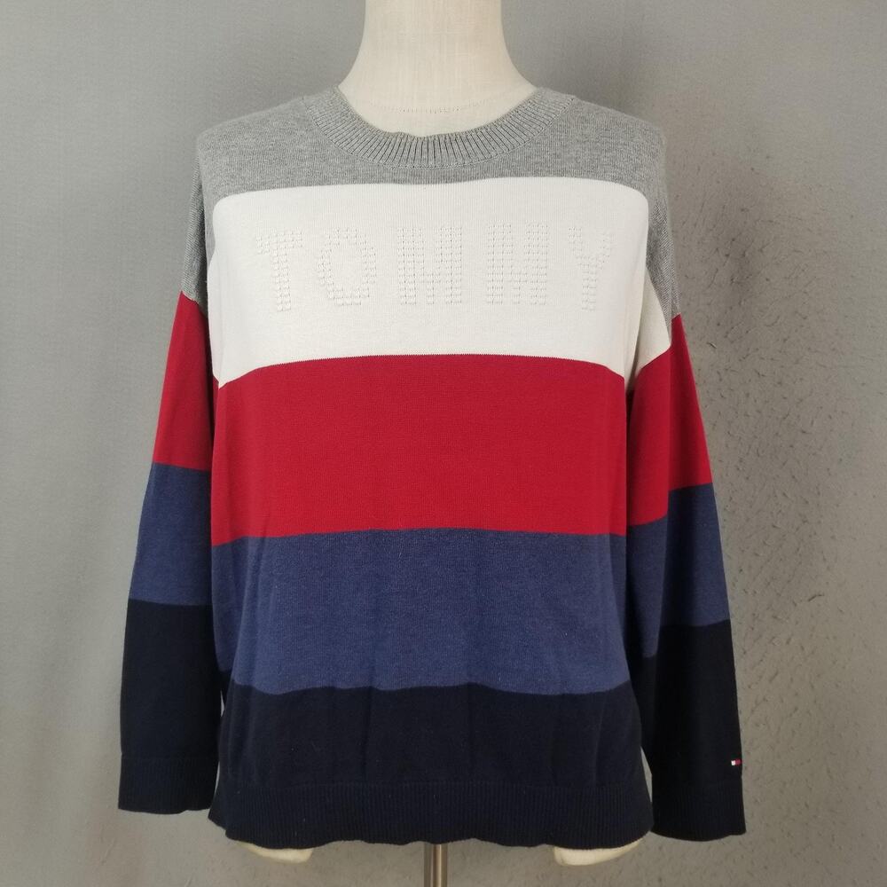 Tommy Hilfiger Sweater‎ Womens 1X Multicolor Stripe Logo Knit Crewneck Pullover
